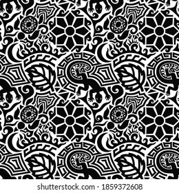 Tatuaje tribal negro sin fisuras en estilo maorí con tortuga, sol o flor, hoja, luna y lagarto sobre fondo blanco. Ilustración vectorial interminable decorativa aislada