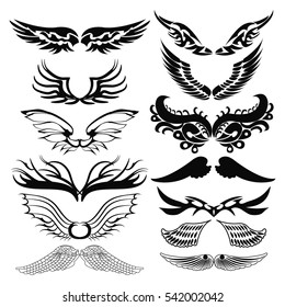 black Tribal tattoo set of wings on white. Vector abstract tattoo set