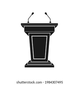 Black tribune icon stand rostrum with microphones on white background. Podium or pedestal stand for speech or public pulpit for orator. Tribute for press conference or media, politics communication.