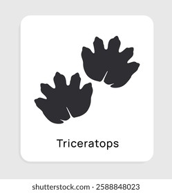 Black triceratops footprint icon on a white rounded square background. Simple and minimalistic dinosaur track silhouette representing prehistoric wildlife. Vector illustration