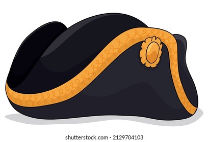 Black tricorne decorated with golden laces and button. Design in cartoon style with outlines, isolated over white background.