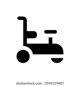 A black tricycle illustration designed for children can be seen on a white background. The design focuses on the basic shapes and structure of a classic tricycle.