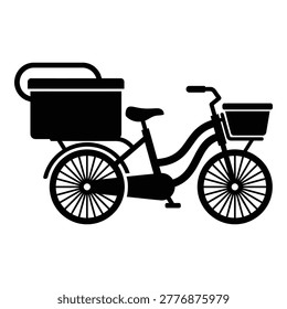 Black tricycle with large cargo box and front basket on white background icon