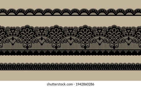 Black Trim Lace Ribbon on brown background.Jacquard Mesh Lace Fabric.