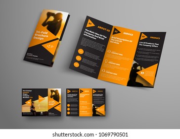 black triple folding brochure template with orange triangular elements. Universal business booklet design with a place for a photo. A sample for sport.