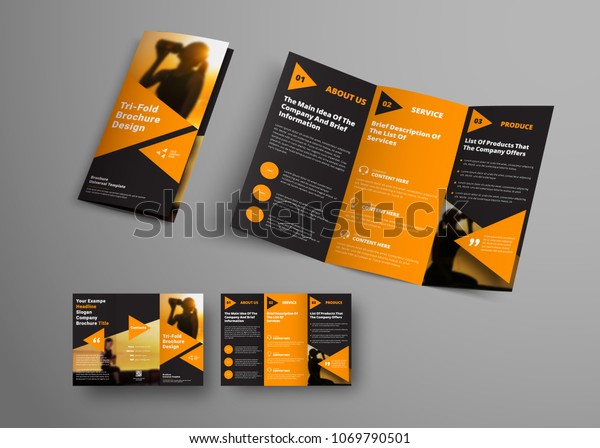 オレンジの三角形のエレメントを持つ黒い三折りパンフレット テンプレート 写真用のスペースを備えたユニバーサルビジネスブックレットデザイン スポーツ用のサンプル のベクター画像素材 ロイヤリティフリー