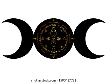 black triple moon Wicca pagan goddess, wheel of the Year is an annual cycle of seasonal festivals. Wiccan calendar holidays. Compass with spiral goddess of fertility, names in Celtic of the Solstices