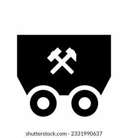 Black trolley coal cart, crossed hammers, coal mining symbol, vector icon, silhouette