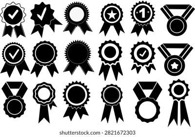 Black trophy award ribbons and quality badge medals set layout template for achievement victory icon collection certificate guarantee stamp design