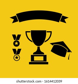Black trophy and awards icon set. Trophy cup, ribbon with copy space, golden medal, hat. Vector illustration isolated on yellow background