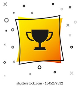 Black Trophy cup icon isolated on white background. Award symbol. Champion cup icon. Yellow square button. Vector Illustration