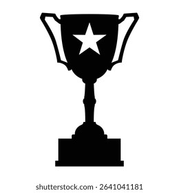 Black trophy silhouette design with star. Award cupt, trophy black icon, sport champion prize. Isolated on white background. Vector illustration