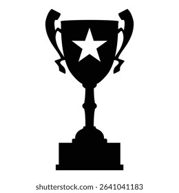 Black trophy silhouette design with star. Award cupt, trophy black icon, sport champion prize. Isolated on white background. Vector illustration