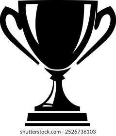 Troféu preto, taça vencedora, cálice com alças em um suporte de madeira. Troféu de estilo plano brilhante para competição, jogo. Prêmio Esporte para o primeiro lugar. Ilustração isolada de vetor