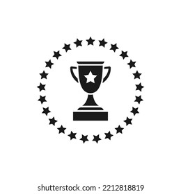 Black Trophy, Winning Cup With  Stars Circle Isolated On White Background. First Place, Award Bowl. Symbol Of Success, Victory, Championship. Vector Flat Illustration. 