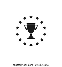 Black Trophy, Winning Cup With  Stars Circle Isolated On White Background. First Place, Award Bowl. Symbol Of Success, Victory, Championship. Vector Flat Illustration. 