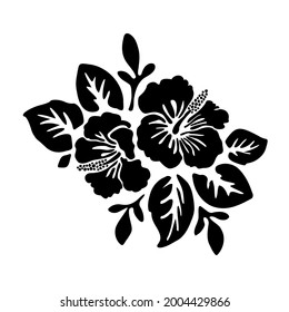 Black tropical exotic hibiscus flowers vector tattoo silhouette drawing illustration.Hawaiian floral stencil design element.Plotter laser cutting.Vinyl wall sticker decal.Cut file. Print. Leaves. DIY.