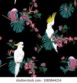 Black Tropical floral print. Parrot bird in the dark  jungle and flowers in the summer exotic forest  allover design, seamless pattern vector for fashion ,wallpaoer and all prints 