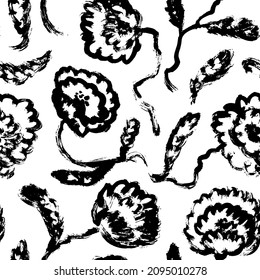 Black tropical flowers vector seamless pattern. Hand drawn silhouettes of spring flowers with wavy stems. Dry brush style floral motives. Black paint illustration with abstract plants