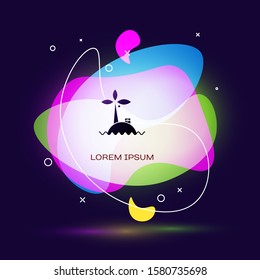 Black Tropical island in ocean icon isolated on blue background. Landscape with ocean and palm trees. Travel. Abstract banner with liquid shapes. Vector Illustration