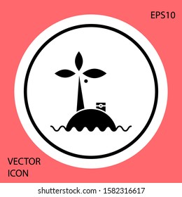 Black Tropical island in ocean icon isolated on red background. Landscape with ocean and palm trees. Travel. White circle button. Vector Illustration