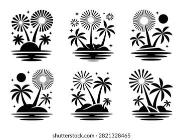 Black Tropical Island Palm Tree Sun Ocean Silhouette Icon Vector Set