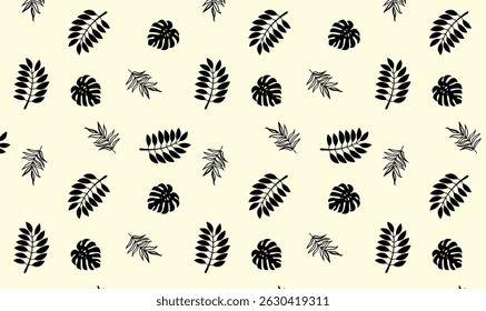 Black Tropical Leaf Pattern on Beige Background