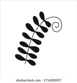 Black tropical leaf silute on an isolated white background. Botanical tree branches, palm leaf on the stem. Spring summer leaf. Concept design logo icon for the application. Vector illustration.