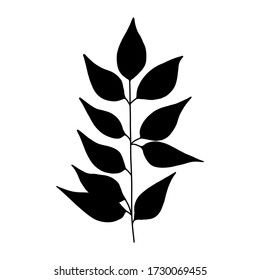 Sillito negro de hojas tropicales sobre un fondo blanco aislado. Ramas de árbol botánico, hoja de palma en el tallo. Hoja de verano de primavera. Icono de logotipo de diseño conceptual para la aplicación. Ilustración vectorial.