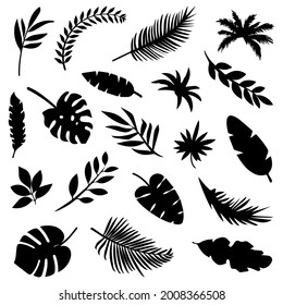 Black tropical leaves isolated on transparent background. Exotic leaves and branches. Vector elements for design