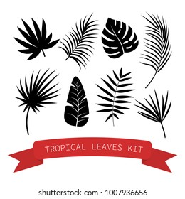 Black tropical leaves kit. Vector illustration.