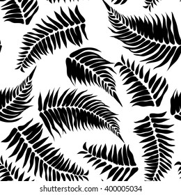 Black  tropical black  leaves on white background. Seamless pattern.