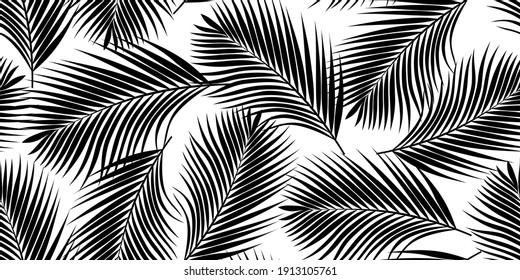 Black tropical palm leaves texture on white backdrop. Seamless vector background. Botanical illustration