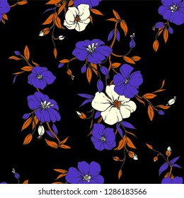 Black tropical vector floral seamless pattern with blue exotic flower flax, leaves. Fabric texture fashion design for summer sport clothing, bikini prints. Hand drawn watercolor botanical illustration