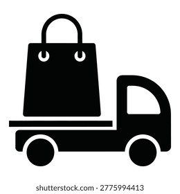 Black truck with a bag on the back for delivery service icon