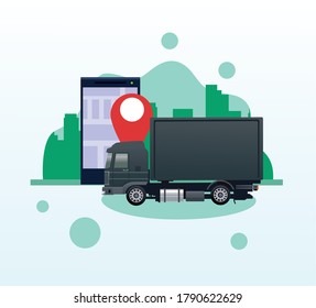 black truck car vehicle with smartphone and gps app vector illustration design