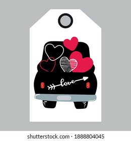 Black truck with hearts. Tag for valentines day. Vector illustration.