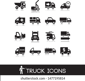 
Black truck icons. illustrations of different transport vehicles.