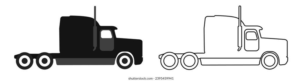 Black truck set of two icons. Outline of a tractor vector. Freight transport vehicle logo. Goods delivery. A wagon for a trucker. Vector illustration.