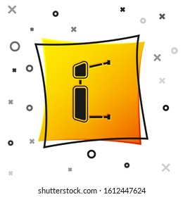 Black Truck side mirror icon isolated on white background. Yellow square button. Vector Illustration