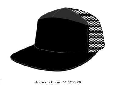 Black Trucker Cap With Black Mesh Side and Back Panels For Template On White Background.