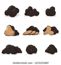 Black Truffle Mushroom Vector Cartoon Set Isolated On White Background.