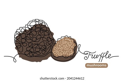 Black truffle wild mushrooms one line art drawing. Simple vector line illustration with lettering truffle mushrooms.