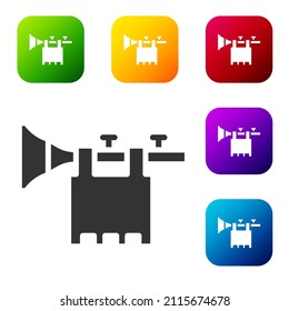 Black Trumpet with flag icon isolated on white background. Musical instrument trumpet. Set icons in color square buttons. Vector