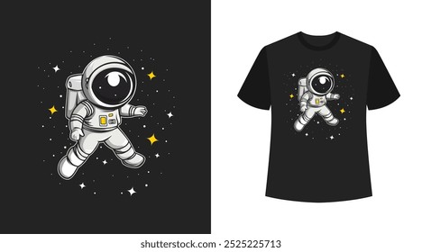 A black t-shirt with astronaut on it and a star on the front. Astronaut t-shirt vector