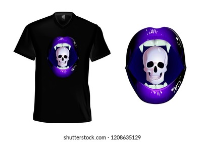 Black T-shirt with blue lips and skeleton