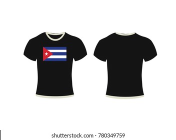 Black t-shirt, clothes on isolated white background,T-shirt template set, front, side, back view. Vector eps 10 illustration,t-shirt and background flag of Cuba.