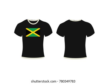 Black t-shirt, clothes on isolated white background,T-shirt template set, front, side, back view. Vector eps 10 illustration,t-shirt and background flag of Jamaica.