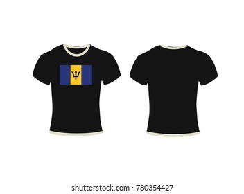 Black t-shirt, clothes on isolated white background,T-shirt template set, front, side, back view. Vector eps 10 illustration,t-shirt and background flag of Barbados.