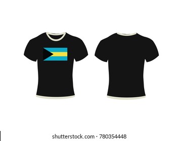 Black t-shirt, clothes on isolated white background,T-shirt template set, front, side, back view. Vector eps 10 illustration,t-shirt and background flag of Bahamas.